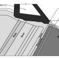 Obr. 1 – Přehrada Vír, geologické poměry v podloží a umístění rozpěrné desky pro přenos zatížení přehrady do pevných migmatitů