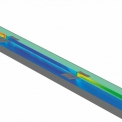 Obr. 7 – 2. fáze rozložení rychlostních polí se zvýrazněním hranice teplot 250 °C (fialová) a 400 °C (bílá).