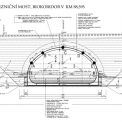 Obr. 1 – Podélný řez SO 63-20-02 s označením umístění tlakových podušek pro měření zemních tlaků a strun pro měření deformací konstrukce