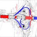 Obr. 3 – Mimoúrovňová křižovatka Wislostrada, modré objekty jsou sanované, červené objekty jsou nově postavené.