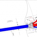 Obr. 5 – Mimoúrovňová křižovatka Modliňska, modré objekty jsou sanované, červené objekty jsou nově postavené.