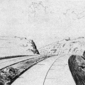 Kresba zářezu ve Švédských šancích z pohledu řidiče jedoucího po dálnici od Vratislavi směrem na Brno a Vídeň