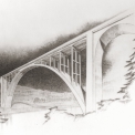 Perspektivní pohled na konstrukci mostu s rozpětím hlavního oblouku 127,5 m (1929)