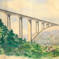 Perspektiva železobetonového obloukového mostu z roku 1949; plánovaná maximální hladina Vltavy – 335 m n. m.; návrh Ing. Dr. Josefa Wünsche z VUT Brno