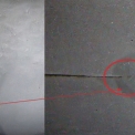 Obr. 12 – Makrostruktura svaru lamelové pásnice, vyznačená oblast obsahuje vznik trhliny z vrubu svaru mezi lamelami. Vpravo je zvětšený výřez trhliny, kontrolní deska.