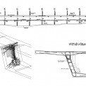 Obr. 2 – a) Pohled na most – podélný řez, b) výztuž žebra, c) výztuž u čela segmentu