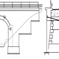 Obr. 5 Schéma konstrukce mostní klenby měřené při předpínání [5] - vlevo pohled na novou čelní stěnu s kotevním sklípky pro čtyři kabely, vpravo příčný řez klenbou s průběhem kabelů